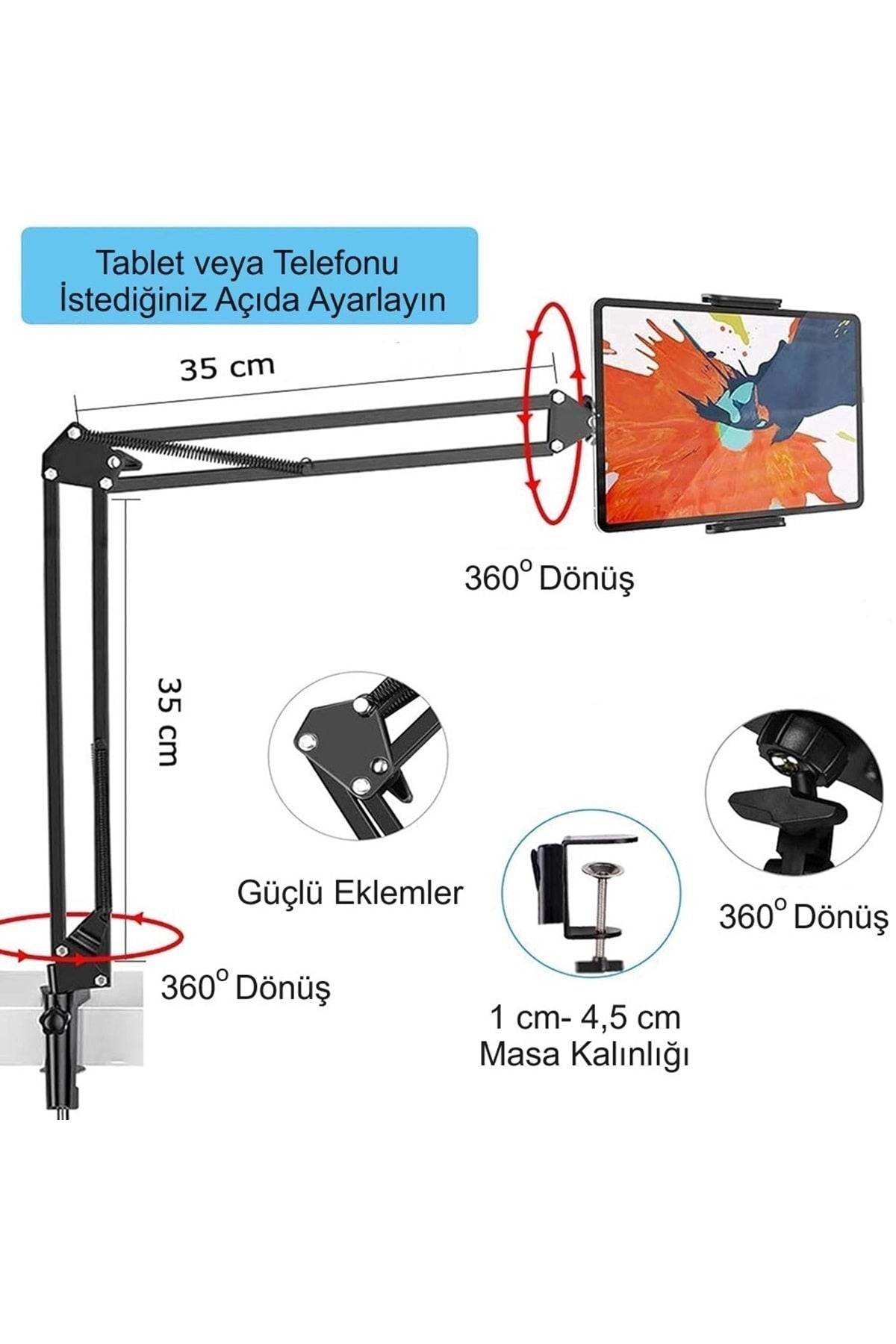 HyMark Esnek Metal Uzun Kollu Telefon Tablet Tutucu Teleskopik 360 Derece Hareketli