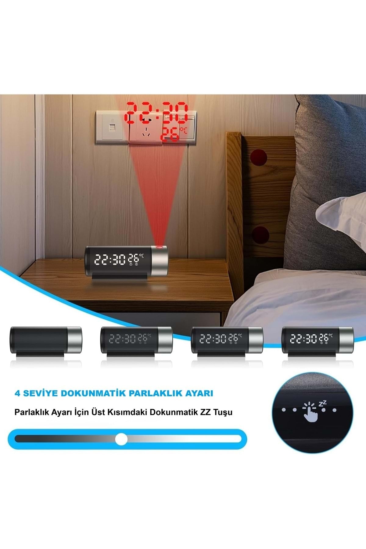 HyMark Projeksiyonlu Silindir USB Güç LED Ekran Çalar Saat Sıcaklık Çift Alarm