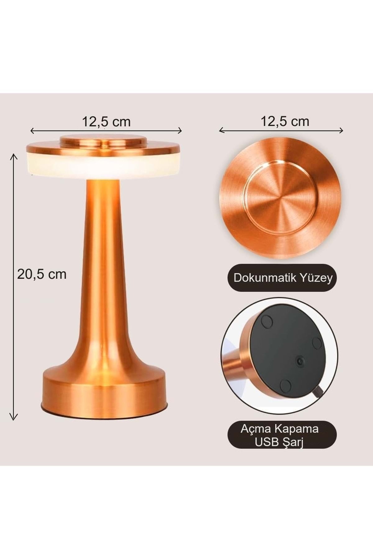 HyMark Retro Şarjlı Dekoratif Dokunmatik Metal Masa Lambası 3 Renk Mod Dim Edilebilir