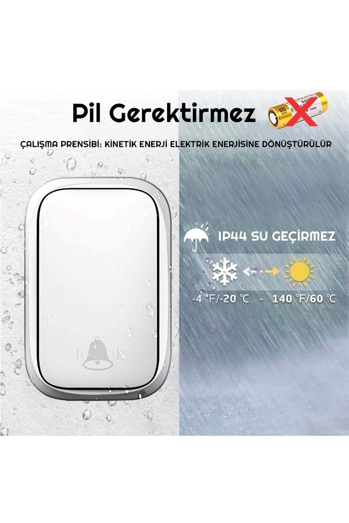 HyMark 2 Buton 1 Alıcı Su Geçirmez Beyaz Pilsiz Kablosuz Led Kapı Zili