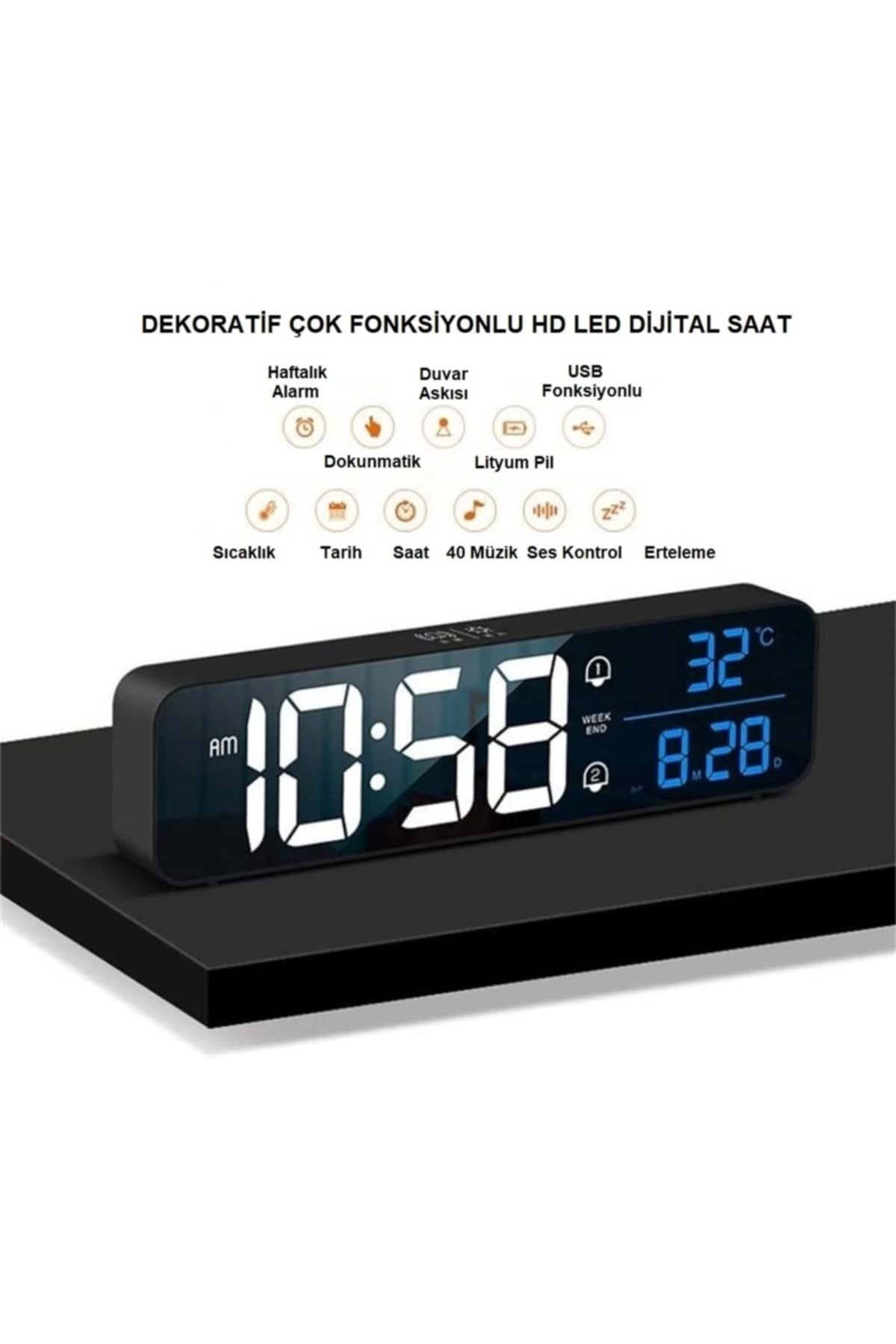 HyMark Hd Led Ekranlı Aynalı Elektronik Saat Sıcaklık Tarih Dijital Masa Saati