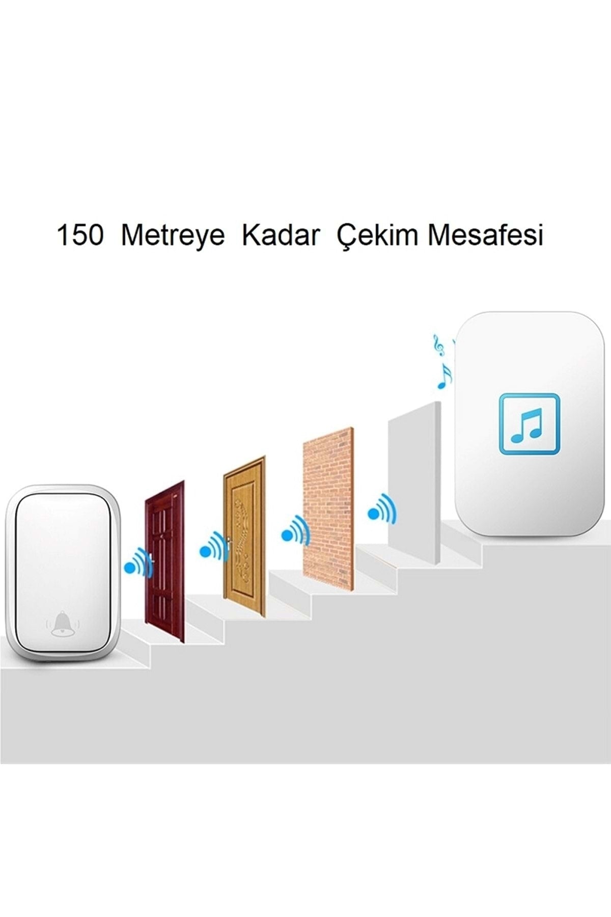 HyMark 2 Buton 1 Alıcı Su Geçirmez Beyaz Pilsiz Kablosuz Led Kapı Zili